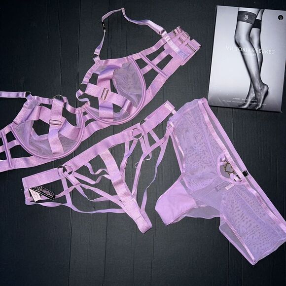 Victoria's Secret unlined 36DD BRA SET XL PANTY strappy banded mesh LILAC PURPLE - Picture 1 of 8